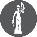 Dark grey-filled circle with a woman holding a sword and a justice scale inside